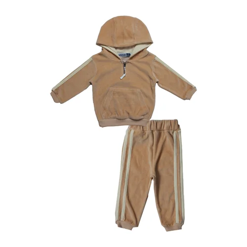 سوئیشرت وشلوار کلاهدار نیم زیپ مخمل کرم