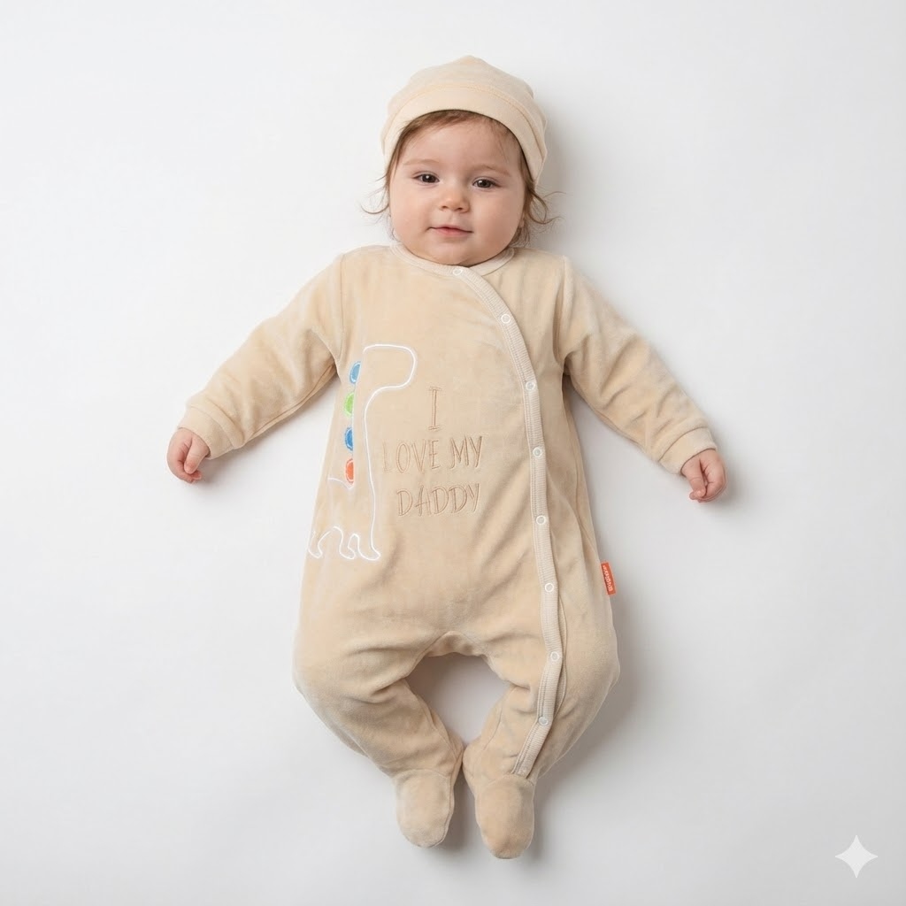 سرهمی جورابدار مخمل دایناسور کرم