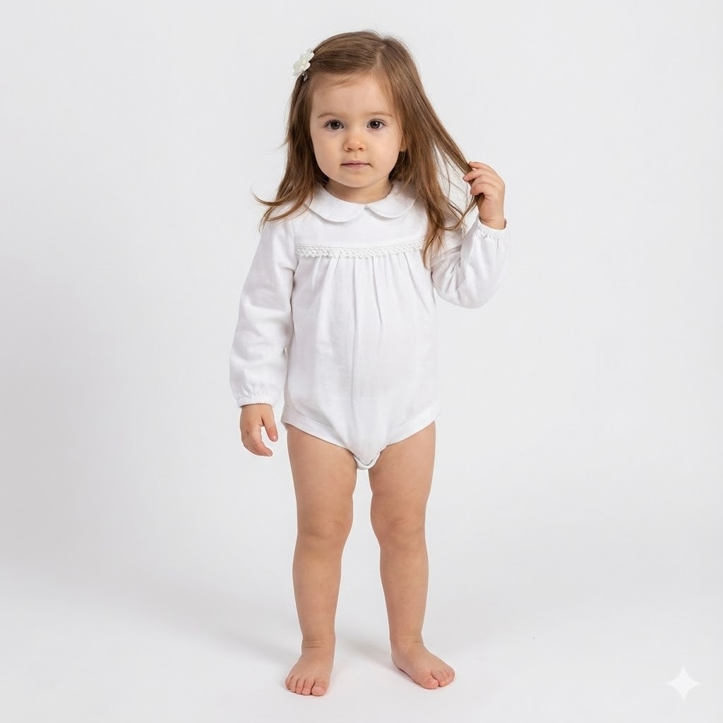 بادی یقه ب ب آستین بلند گیپوردار سفید