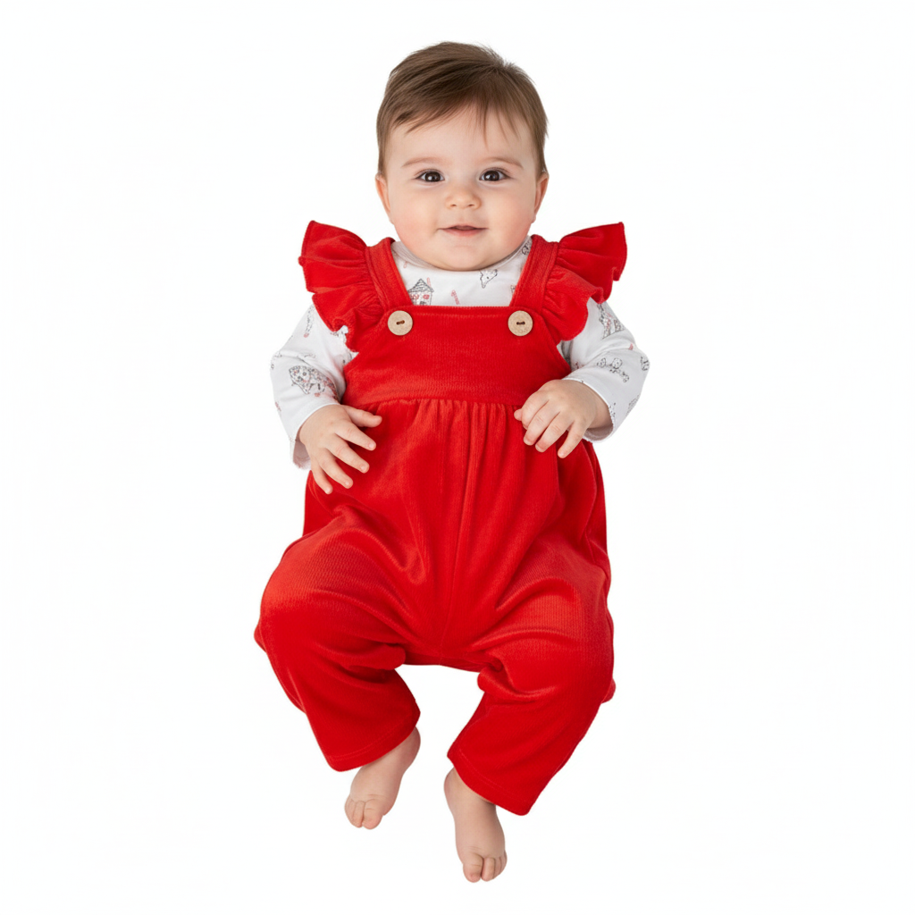 سرهمی پیشبندی مخمل با بلوز قرمز