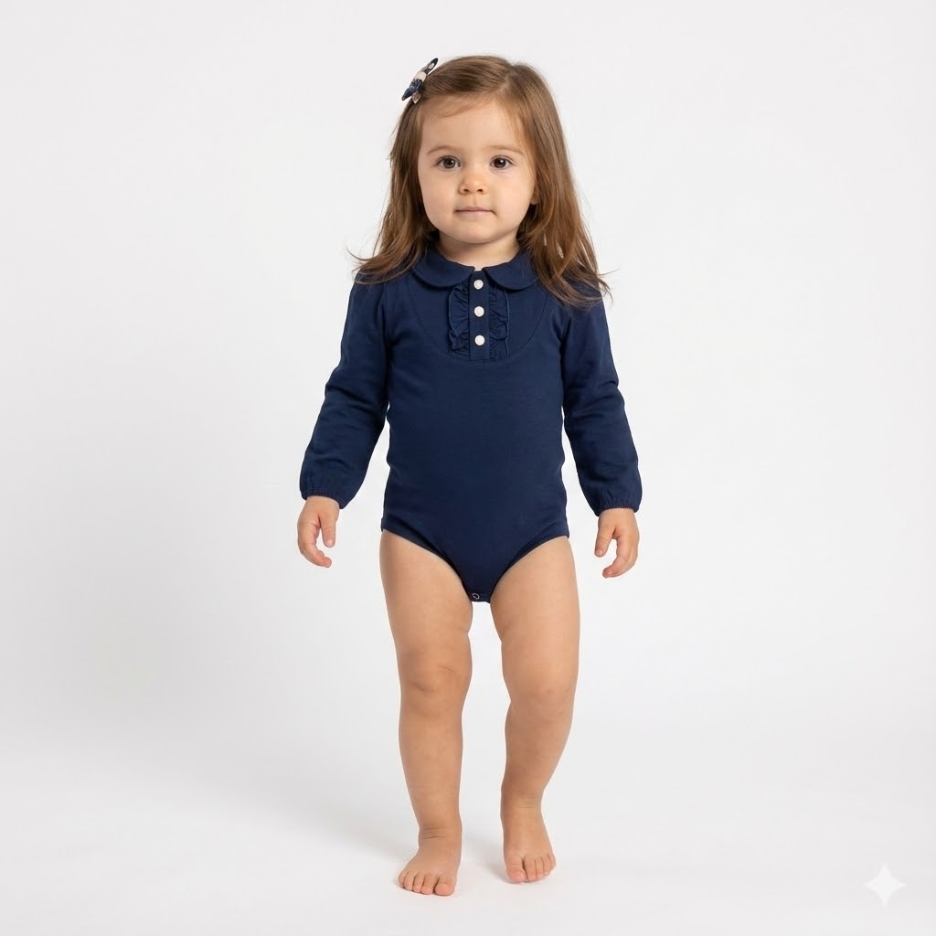 بادی آستین بلند یقه ب ب قاپک چیندار  سرمه ای