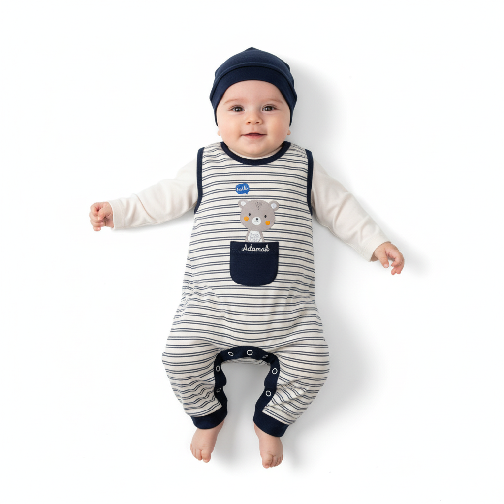 سرهمی پیشبندی مچدار خرس راه راه سرمه ای