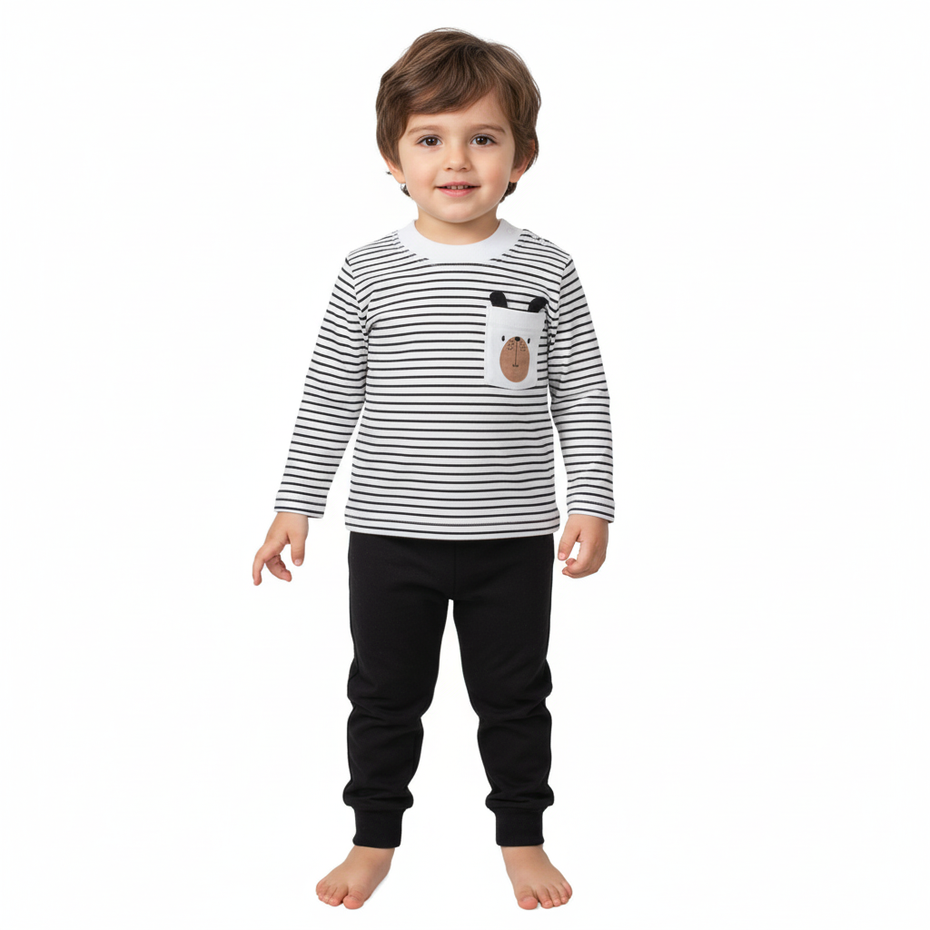 بلوز راه راه مشکی با جیب خرس و شلوار