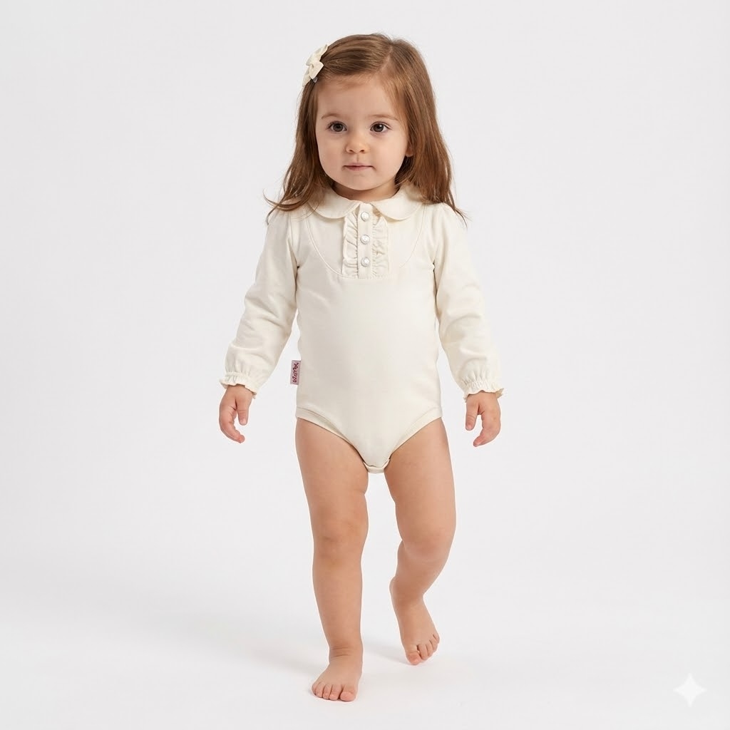 بادی آستین بلند یقه ب ب قاپک چیندار سفید